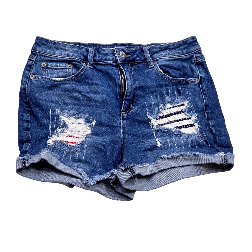 Est 1946 Denim Blue Distressed High Rise Jean Shorts Womens Size 10 Striped Rips - Picture 1 of 8